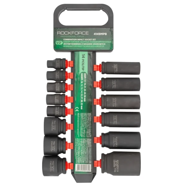 Набор головок ударных комбинированный 14пр.,1/2''(короткие:10,12-15,27,30,32мм,глубокие:17,19,21,22,24,36мм),на пластиковом держателе