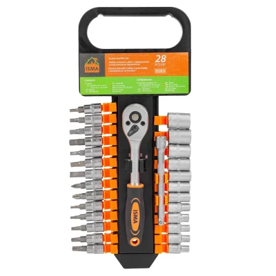 Набор головок и бит с трещоткой 28пр. 1/4''(4-13мм, Torx:T10,15,20,25,30, Hex:3-6мм,SL:4,5.5,7мм, PH1,2),в пластиковом держателе