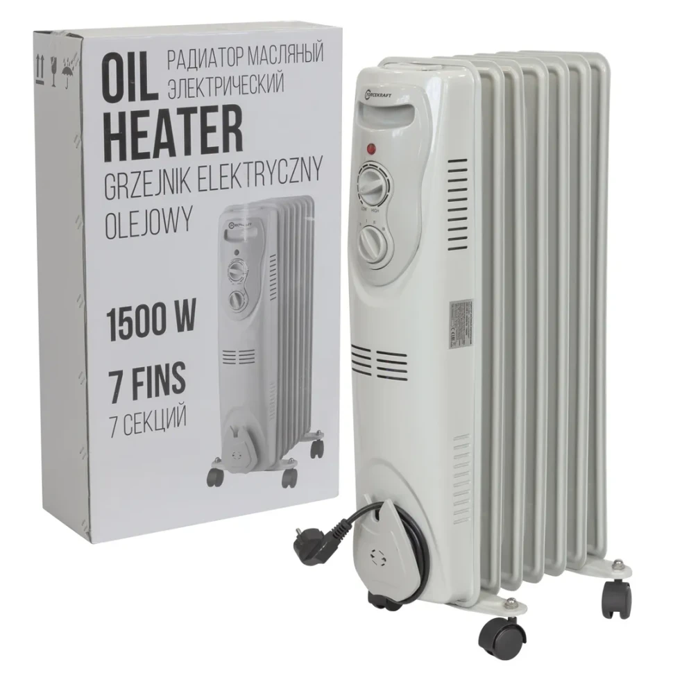Радиатор масляный электрический (220-240V,50/60Гц,1500Вт,7 секций 15х58см,3 режима нагрева,защ. от перегрева,33х24х62.5см)
