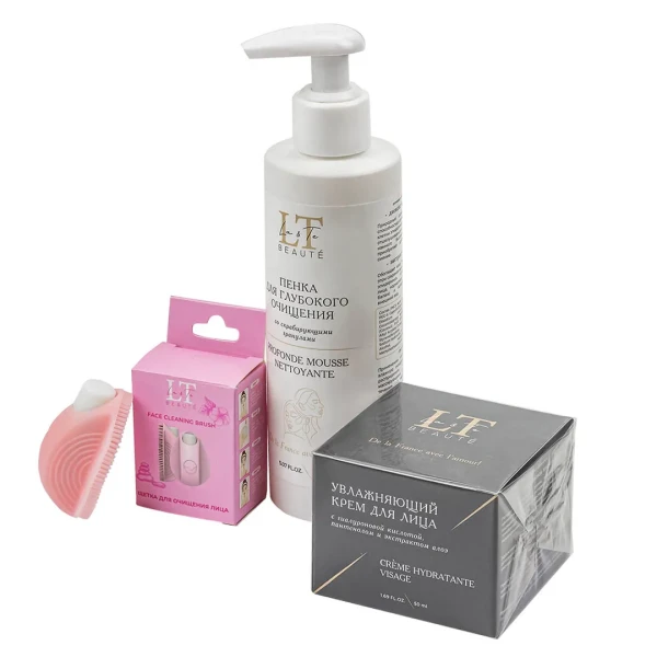 Набор для очищения кожи лица (щетка для лица электромеханическая, пенка со скрабирующими гранулами, увлажняющий крем для лица, пакет 20*25)