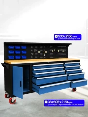 Верстак металлический передвижной 485х1480х2130мм (перфорация: 530х2130мм, деревянная столешница: 40х485х2130мм, шкаф одностворчатый: 460х590х680мм)