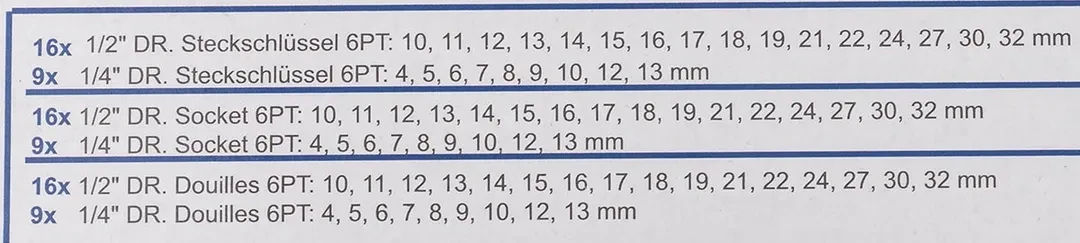 Набор головок 1/4'', 1/2'', 25пр. (6гр.)(1/2'': 10,11,12,13,14,15,16,17,18,19,21,22,24,27,30,32мм. 1/4'': 4,5, 6,7,8,9,10,12,13мм.)в метал.кейсе