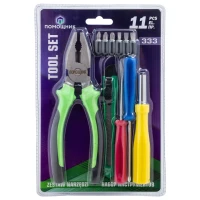 Набор инструментов 11пр.(биты:PH1,2,3,SL4,5,6мм,отвертка-битодержатель 120мм,отвертки:PH0х65мм,SL3х65мм,нож канцелярский,плоскогубцы 165мм),в блистере