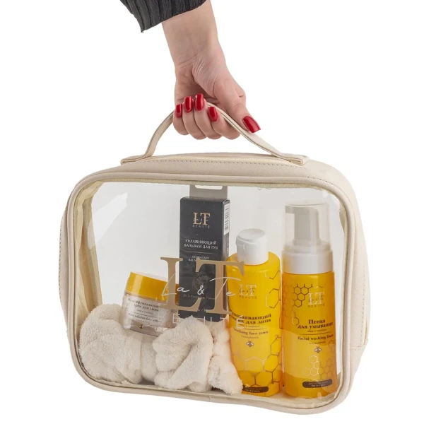 Набор по уходу за лицом для сухой кожи(тоник 1190,крем 1244,пенка 1251,бальзам 1756,повязка -бант белая,сумка-органайзер)