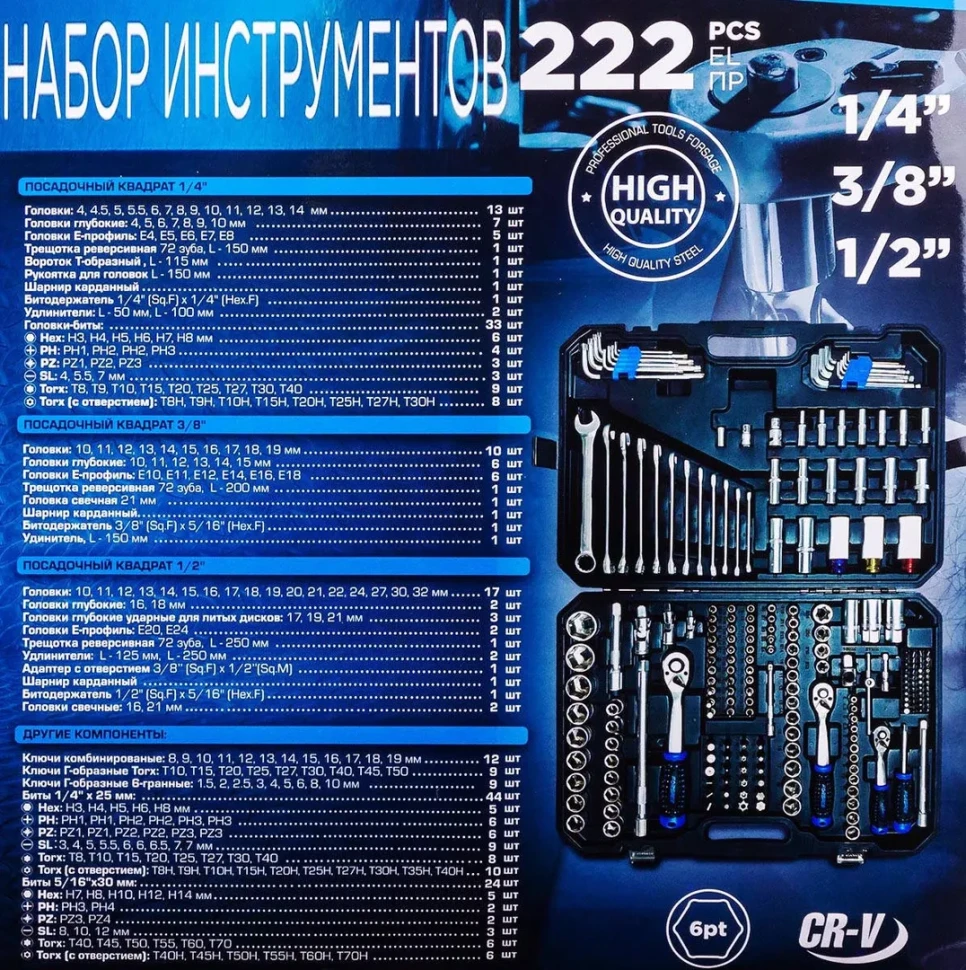 Набор инструментов 222пр. 1/4''3/8''1/2''6гр