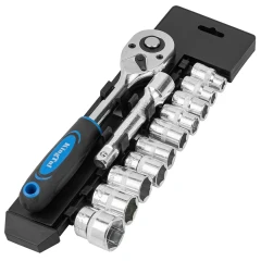 Набор головок с трещоткой и удлинителем 12пр.1/2''(6гр)(8,10,12-15,17,19,21,24мм),в пласт. Держателе