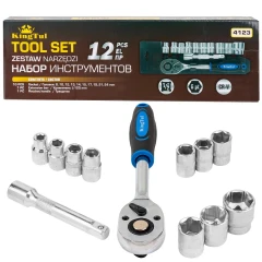 Набор головок с трещоткой и удлинителем 12пр.1/2''(6гр)(8,10,12-15,17,19,21,24мм),в пласт. Держателе