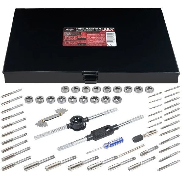 Набор метчиков и плашек метрический 58пр. (М3х0.5/0.6, М3.5х0.6, М4х0.7/0.75, М5х0.8/0.9, М6х0.75/1, М7х0.75/1,М8х1/1.25, М10х1.25/1.5, М12х1.25/1.75)