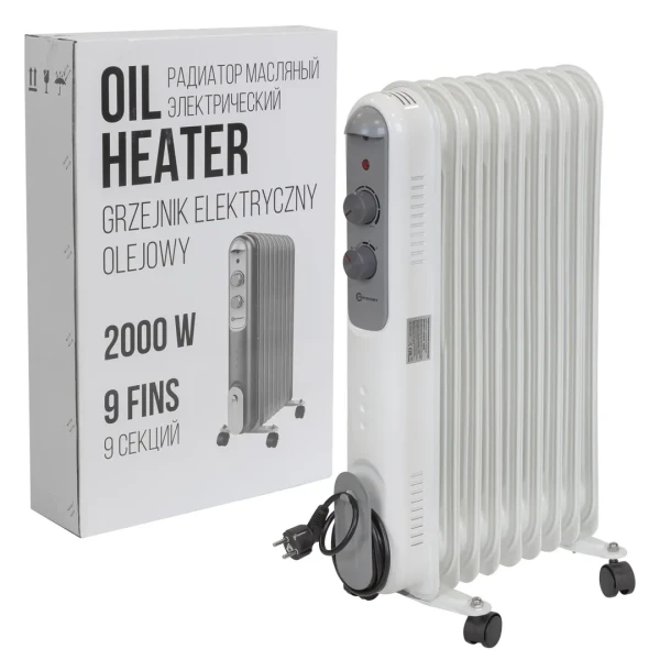 Радиатор масляный электрический (220-240V,50/60Гц,2000Вт,9 секций 11х58см,3 режима нагрева,защ. от перегрева,40х24х62.5см)