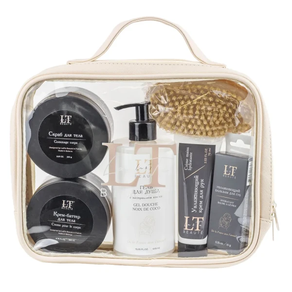 Набор для тела (бальзам для губ 1756,крем-баттер 1879,.скраб для тела 1893.щетка массажная,гель для душа 1787,крем для рук 1794,сумка-органайзер)