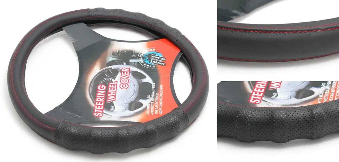 Чехол руля кожа-PU H-8500-M (black+red нить) (A)