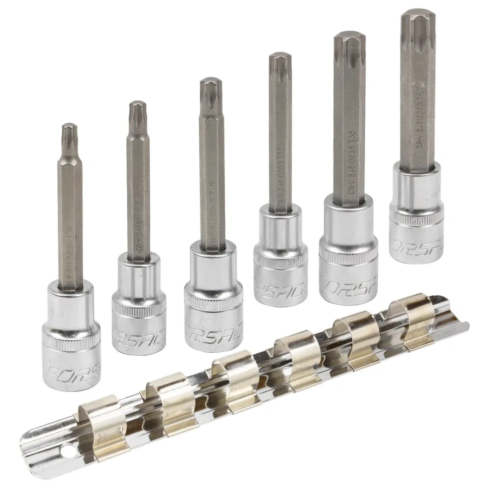 Набор головок-бит Torx 6-лучевых, 6 пр.(Т30,Т40,Т45,Т50,Т55,Т60, L-100мм) 1/2'', на планке