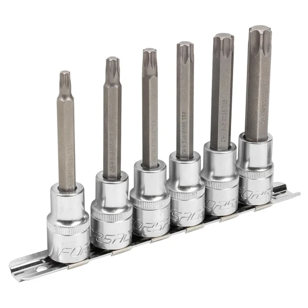 Набор головок-бит Torx 6-лучевых, 6 пр.(Т30,Т40,Т45,Т50,Т55,Т60, L-100мм) 1/2'', на планке