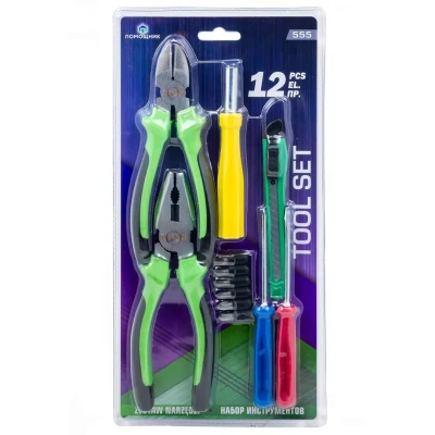 Набор инстр. 12пр.(биты:PH1,2,3,SL4,5,6мм,отвертка-битодержатель 120мм,отвертки:PH0х65мм,SL3х65мм,нож,плоскогубцы 165мм,бокорезы 150мм),в блистере