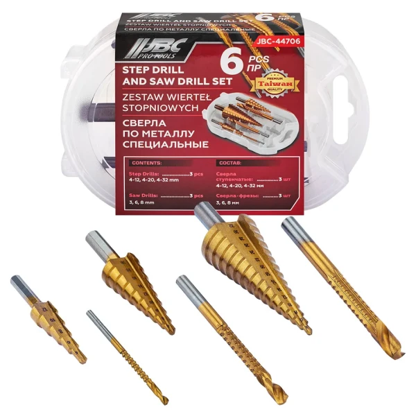 Набор сверл ступенчатых и сверл -фрез по алюминию.меди.дереву,пластику 6 пр (ступенчатые- 4-12,4-20,4-32)( фрезы-3мм,6мм,8мм)