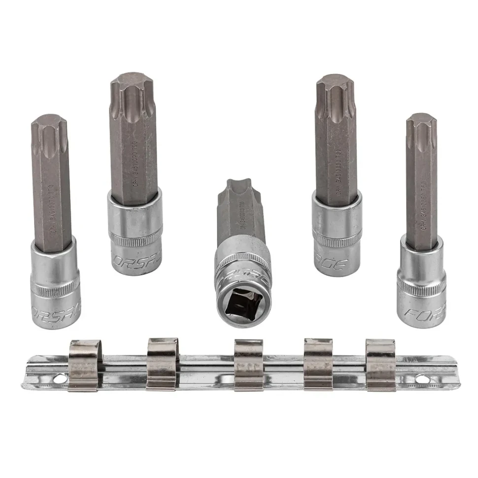 Набор головок-бит Torx 6-лучевых, 5 пр.(Т60,Т70,Т80,Т90,Т100, L-100мм) 1/2'', на планке