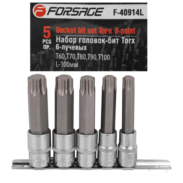 Набор головок-бит Torx 6-лучевых, 5 пр.(Т60,Т70,Т80,Т90,Т100, L-100мм) 1/2'', на планке