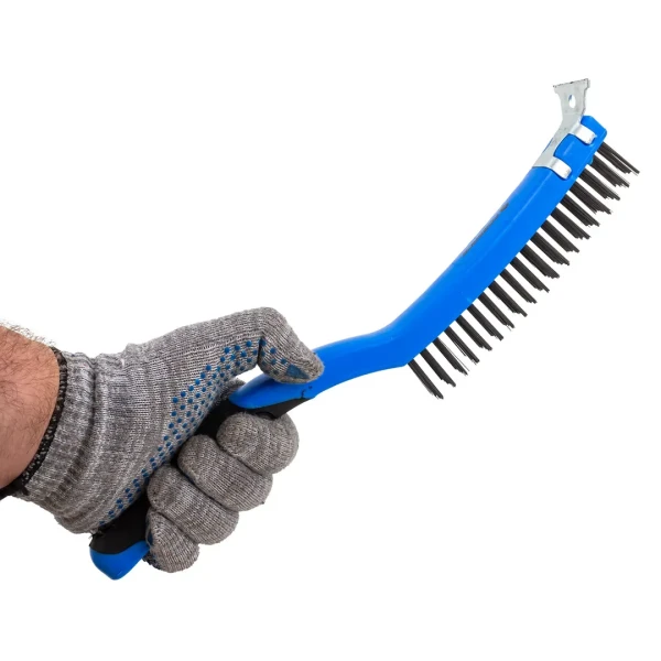 Щетка по металлу ручная в пластиковом корпусе с прорезиненной рукояткой (металлический скребок-40мм, высокоуглеродистая сталь, 3x19рядов)