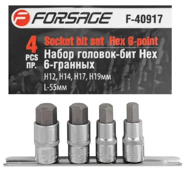 Набор головок-бит Hex 6-гранных, 4 пр. (Н12,Н14,Н17,Н19мм, L-55мм) 1/2'', на планке