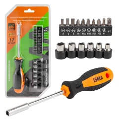 Отвертка-битодержатель с комплектом бит и головок 17пр.,в блистере