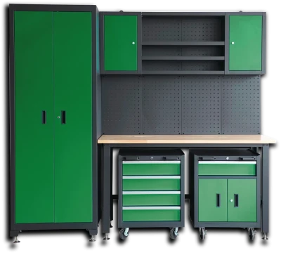 Комплект металл. гаражной мебели 2362x500x2050мм (стол:1600х500х750мм,шкаф:1990х500х762мм,тележка 2шт:658х600х400мм,навесной модуль:1600х600х200мм)