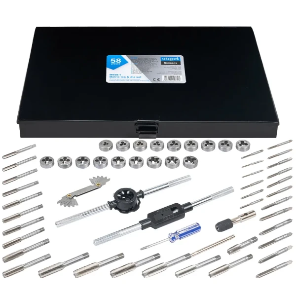 Набор метчиков и плашек метрический 58пр. (М3х0.5/0.6, М3.5х0.6, М4х0.7/0.75, М5х0.8/0.9, М6х0.75/1, М7х0.75/1,М8х1/1.25, М10х1.25/1.5, М12х1.25/1.75)