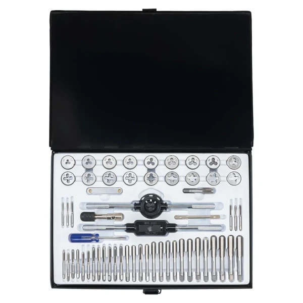 Набор метчиков и плашек метрический 58пр. (М3х0.5/0.6, М3.5х0.6, М4х0.7/0.75, М5х0.8/0.9, М6х0.75/1, М7х0.75/1,М8х1/1.25, М10х1.25/1.5, М12х1.25/1.75)