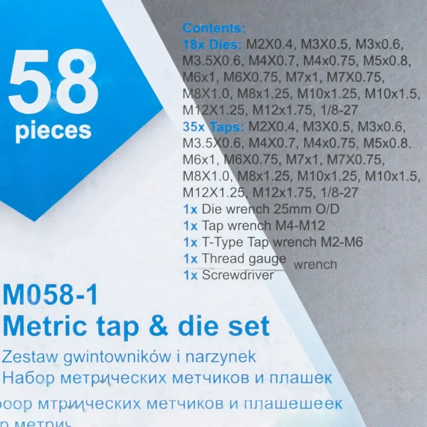 Набор метчиков и плашек метрический 58пр. (М3х0.5/0.6, М3.5х0.6, М4х0.7/0.75, М5х0.8/0.9, М6х0.75/1, М7х0.75/1,М8х1/1.25, М10х1.25/1.5, М12х1.25/1.75)