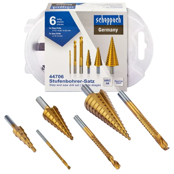 Набор сверл ступенчатых и сверл -фрез по алюминию.меди.дереву,пластику 6 пр (ступенчатые- 4-12,4-20,4-32)( фрезы-3мм,6мм,8мм)