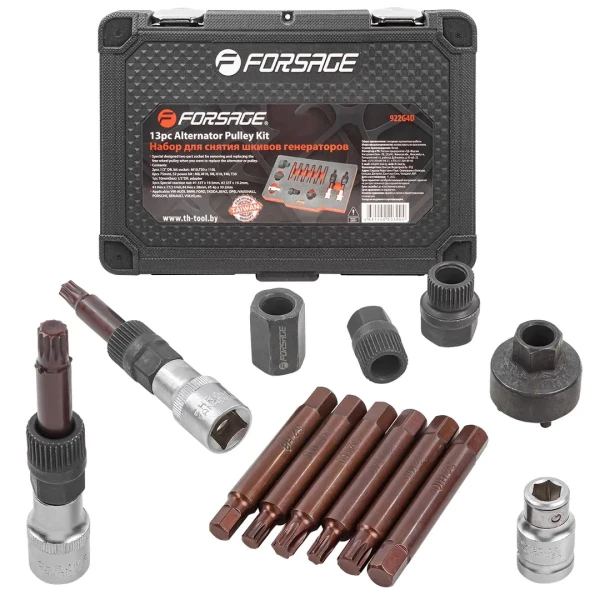 Набор для снятия шкивов генераторов15пр(1/2''биты: М10, Т50х110мм,10мм, биты:М8, М10, Н8, Н10, Т40, Т50x75мм, битодержатель 1/2''хF10мм)в кейсе Premium