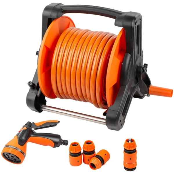 Шланг поливочный, армированный с фитингами и распылителем,15м на катушке