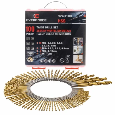 Набор сверл по металлу,100пр.(1,2,2.5,3,3.2,3.5,4-по 10шт,4.5,5,5.5,6,6.5-по 5шт,8,10-по 2шт)в кейсе