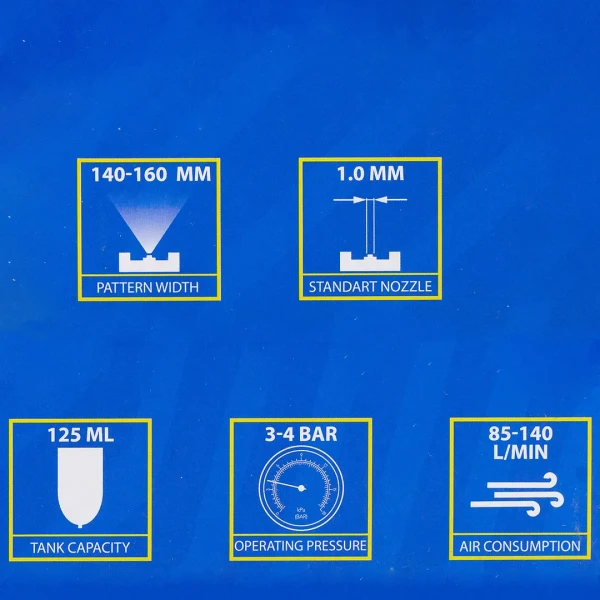 Краскораспылитель мини с боковым метал. бачком (125мл, 1.0мм, 2.0bar, 50-100 л/мин, присоед. резьба 1/4'')