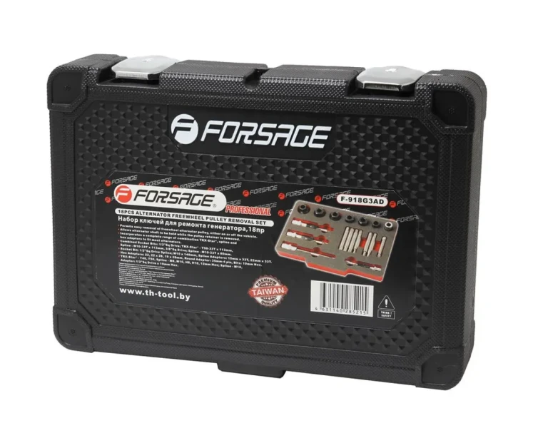 Набор для снятия шкивов генераторов 18пр(1/2'':М10х140,М10х110,Т50х110мм,3/8'':М10х90мм,10мм:М10х65мм,М8,М10,Т50,Т40,Н8,Н10х75мм,1/2''(F)х10мм(F)в кейсе.