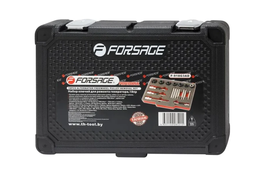 Набор для снятия шкивов генераторов 18пр(1/2'':М10х140,М10х110,Т50х110мм,3/8'':М10х90мм,10мм:М10х65мм,М8,М10,Т50,Т40,Н8,Н10х75мм,1/2''(F)х10мм(F)в кейсе.