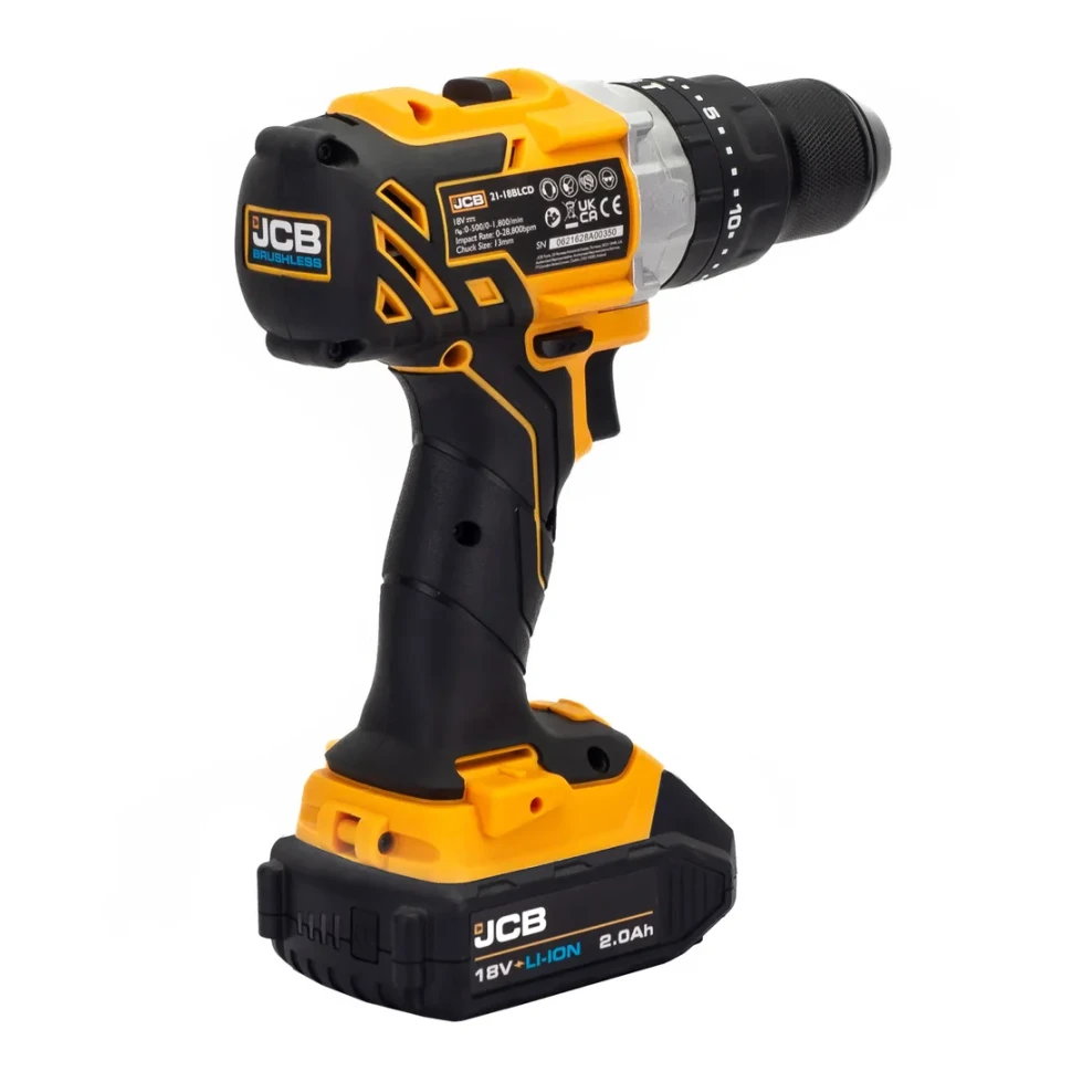 Дрель-шуруповерт аккумуляторная (JCB-BLCD-B-E) 18V, max 65Nm в комплекте с зарядным устройством (JCB-18VFC-E) 2.4A и батареей аккуму(JCB-20LI-E) 2.0AH