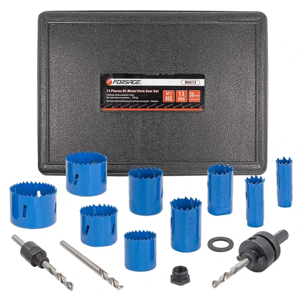 Набор пил кольцевых биметаллических HSS, 13пр.(29, 35, 38, 44, 51, 57, 64мм), в пластиковом кейсе