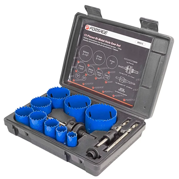 Набор пил кольцевых биметаллических HSS, 13пр.(29, 35, 38, 44, 51, 57, 64мм), в пластиковом кейсе