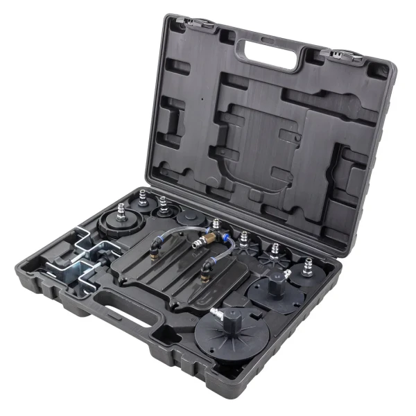 Приспособление для замены тормозной жидкости пневматическое с набором крышек-переходников для расширительного бачка автомобиля