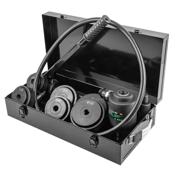 Пробойник гидравлический с насосом13т(Ø63, 76, 80, 89, 100, 114мм, сталь нерж.-2мм, медь/алюм.-4мм,ход штока-25мм),в кейсе