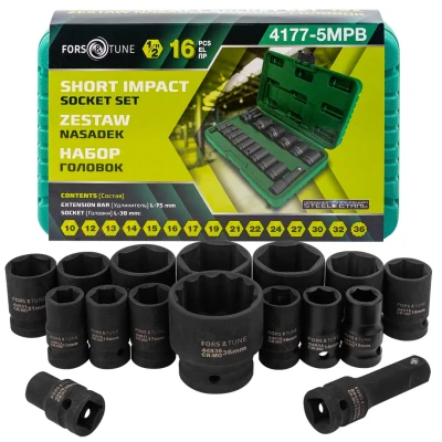 Набор головок ударных коротких 16пр.1/2''(6-гр.)(10,12-17,19,21,22,24,27,30,32мм(36мм-12гр)+удлинитель 75мм),в кейсе