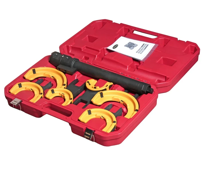 Стяжка пружин усиленная с 3-мя парами захватов и пластиковыми накладками, 7пр.(раб. диапазон:80-317мм, диаметры захватов: 80/110/165 мм),в кейсе