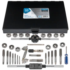 Набор метчиков и плашек 33пр.(метрич+дюйм)(М3х0.5,М4х0.7,М5х0.8,М6х1.0,М8х1.25,М10х1.5,М12х1.75,1/4,5/16,3/8,7/16,1/2,1/8-28,1/4-19)