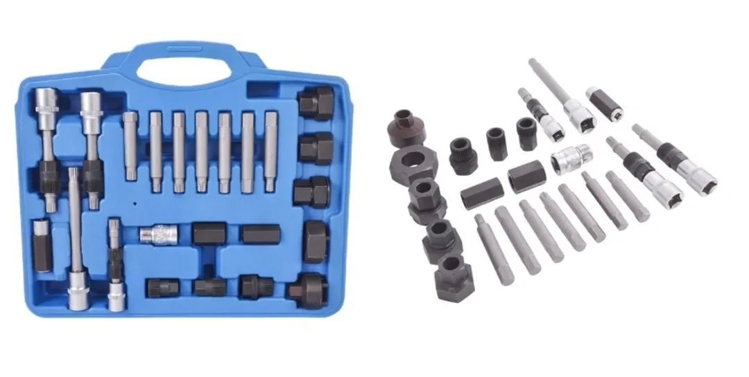Набор для снятия шкивов генераторов:1/2''биты: М10, Т50х110мм, 10мм, биты: М8, М10, Н8, Н10, Т40, Т50x75мм, битодержатель 1/2''хF10мм, (24пр.) в кейсе.