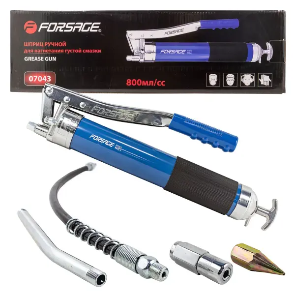 Шприц для нагнетания густой смазки ручной 800мл в комплекте с жестким(L-140мм) и гибким(L-400мм) наконечниками (2 штока,''под закладку'')