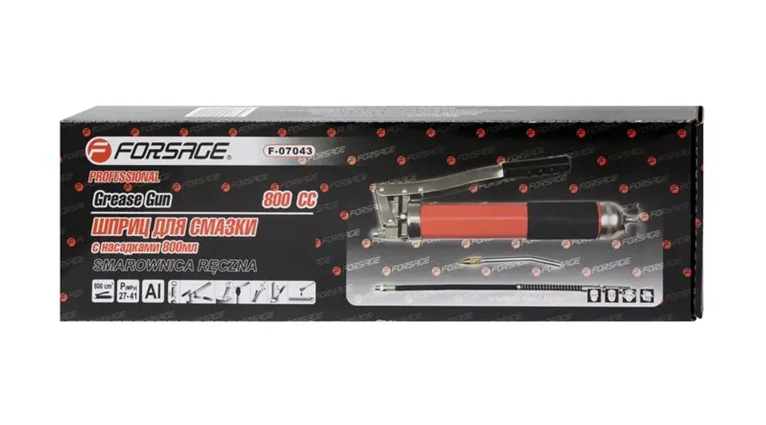 Шприц для нагнетания густой смазки ручной 800мл в комплекте с жестким(L-140мм) и гибким(L-400мм) наконечниками (2 штока,''под закладку'')