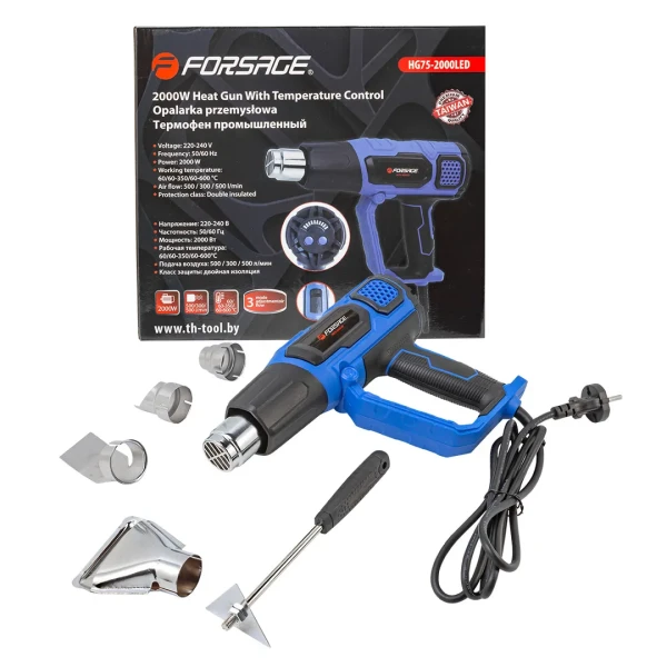 Фен промышленный электрический с индикатором температуры и насадками(220В,50/60Гц,2000Вт, 60/350/600С°,50/300/500л/мин,класс защиты-двойная изоляция)