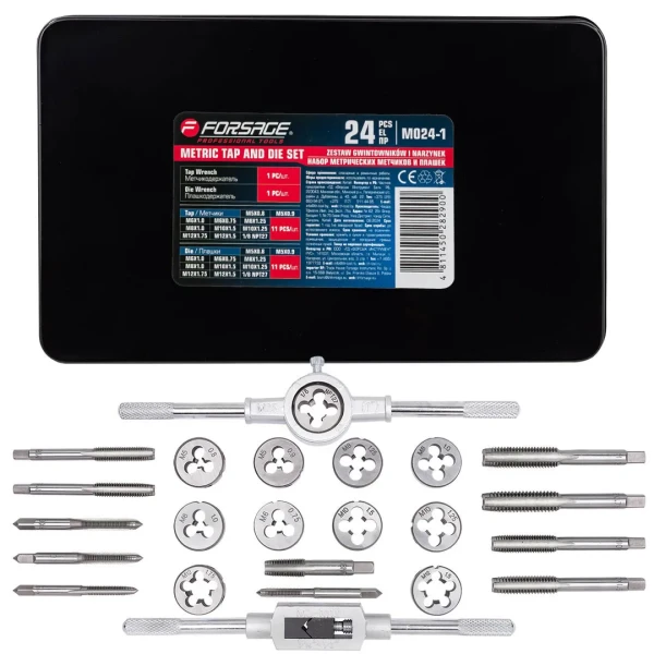 Набор метчиков и плашек метрических 24пр.(М5х0.8/0.9, М6х0.75/1.0, М8х1.0/1.25, М10х1.25/1.5, М12х1.5/1.75), в металлическом кейсе
