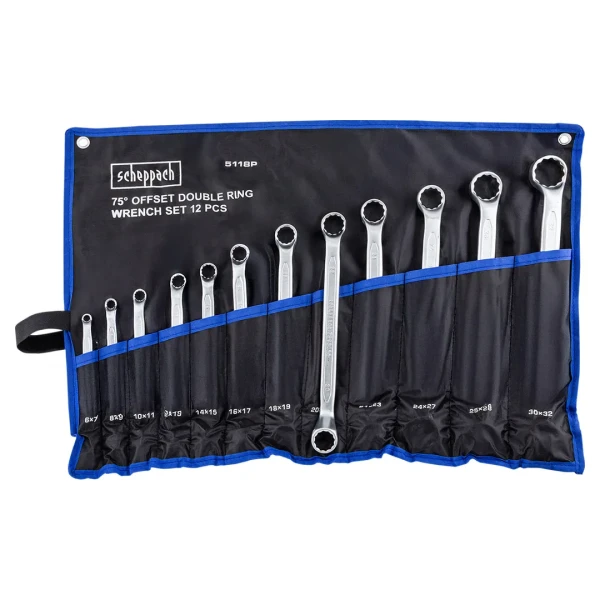 Ключи накидные отогнутые на 75град., набор 12пр. (6х7, 8х9, 10х11, 12х13, 14х15, 16х17, 18х19, 20х22, 21х23, 24х27, 25х28, 30х32мм)