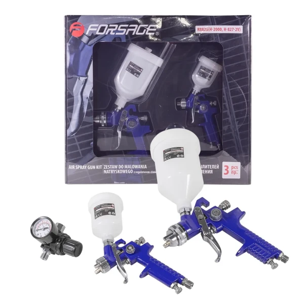 Набор покрасочный R8826 3пр.: краскораспылитель с верхним бачком H-2000, краскораспылитель с верхним бачком H-827-2V в комплекте с регулятором давлени